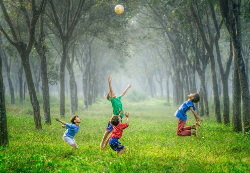 Kinder spielen gemeinsam in der Natur als Symbol für Selbstvertrauen und positive Entwicklung durch Kinderhypnose in Basel