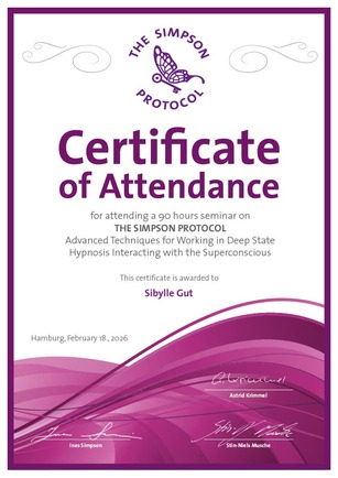 Zertifikat Simpson Protocol zertifizierte Hypnose Therapeutin POS SIBYLLE ITY